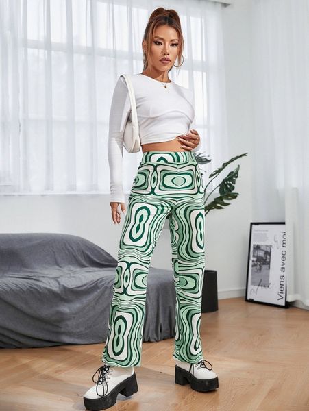 petite allover print high waist pants j1kb#, Black;white