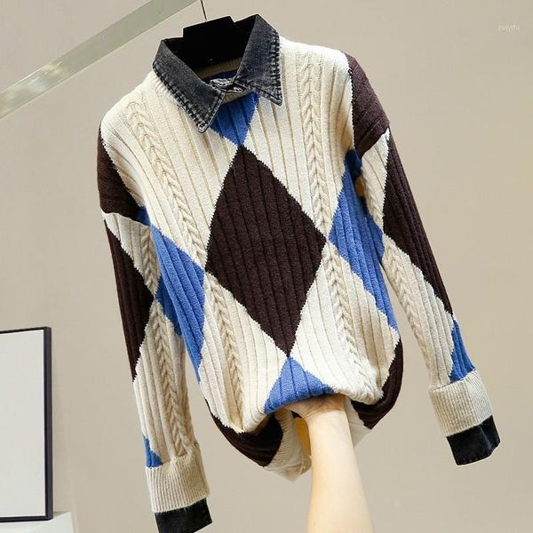 deat 2020 autumn women new style fashion denim splicing lapel argyle pattern office lady fake two piece pullover sweater rc7041, White;black
deat 2020 autumn women new style fashion denim splicing lapel argyle pattern office lady fake two piece pullover sweater rc7041, White;black