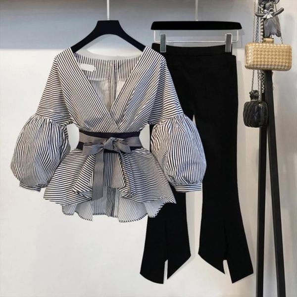 new arrived runway women office lantern sleeve striped blouse bow tie shirt split pencil flare pant 2pcs set suit, Gray
new arrived runway women office lantern sleeve striped blouse bow tie shirt split pencil flare pant 2pcs set suit, Gray