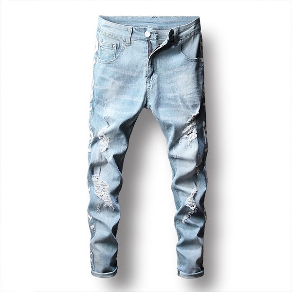 2d print holes mens jeans fall and winter new stretch slim light color worn mens jeans, Blue
2d print holes mens jeans fall and winter new stretch slim light color worn mens jeans, Blue