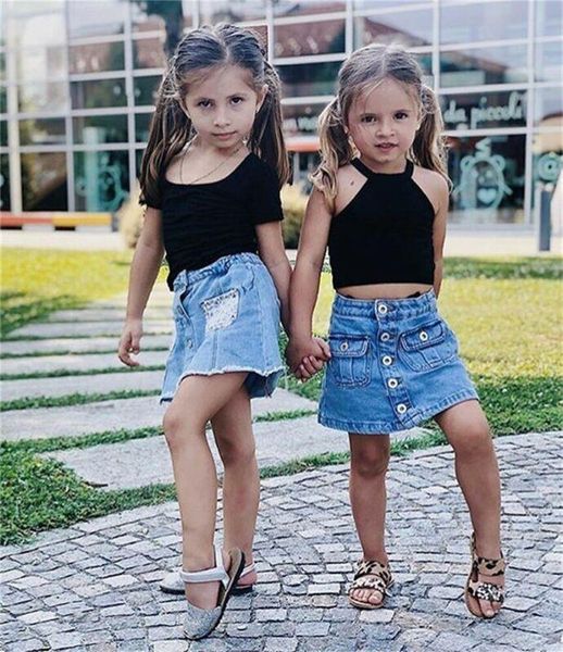 summer toddler infant kids baby girl clothes set sleeveless black vest t shirt pocket buttons denim skirts outfits 2pcs, White
summer toddler infant kids baby girl clothes set sleeveless black vest t shirt pocket buttons denim skirts outfits 2pcs, White