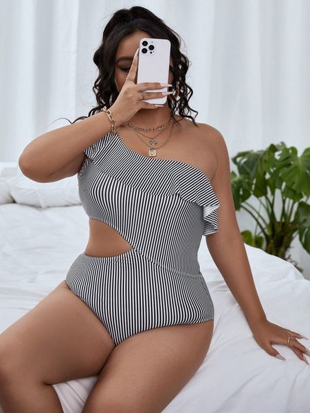 plus striped cut-out ruffle trim one piece swimsuit p1wv#, Black