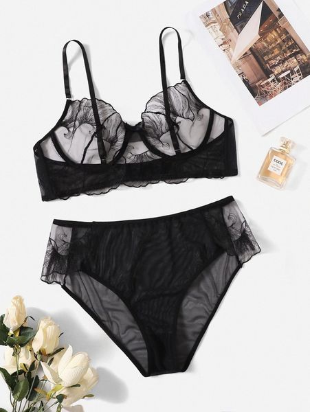 plus embroidered mesh underwire lingerie set l0qg#, Black;white