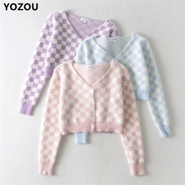 women v-neck autumn sweet kawaii cute vintage checkerboard plaid pink purple blue single breasted button up cardigan sweater c1024, Black
women v-neck autumn sweet kawaii cute vintage checkerboard plaid pink purple blue single breasted button up cardigan sweater c1024, Black