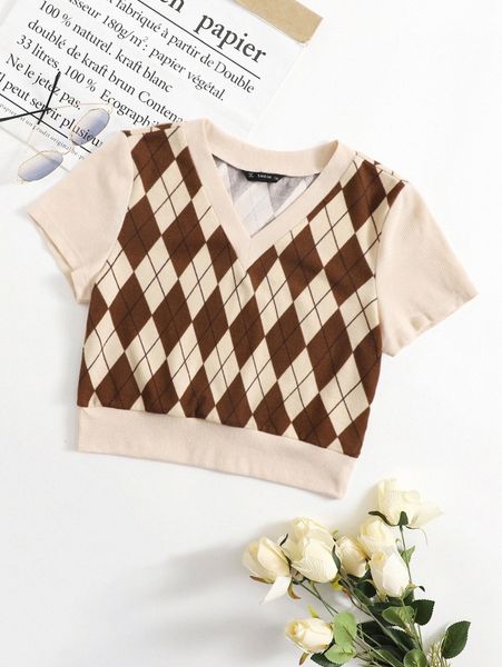 plus v-neck argyle print tee 424p#, Black