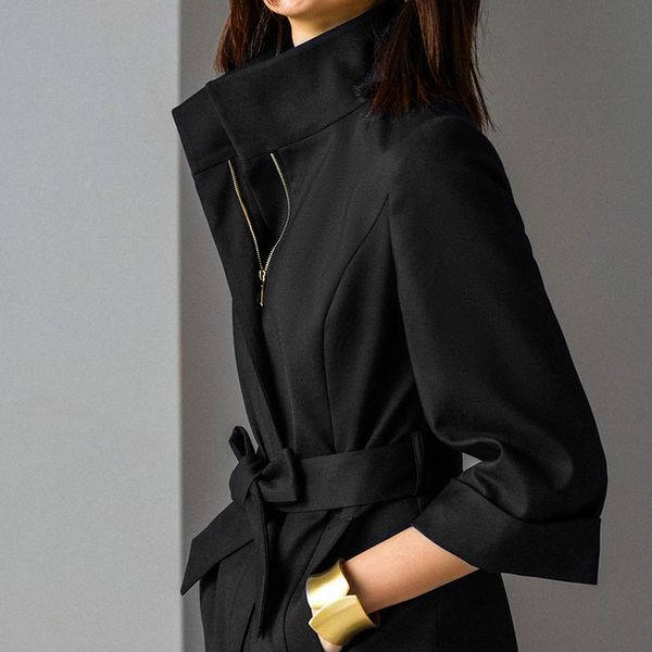 women's elegant stand collar long sleeve autumn belted long black coat office ladies slim zipper front midi outerwear 1028, Tan;black
women's elegant stand collar long sleeve autumn belted long black coat office ladies slim zipper front midi outerwear 1028, Tan;black