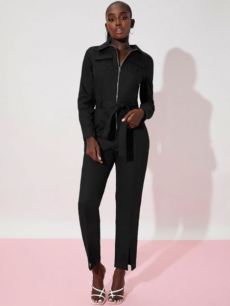 zipper placket flap pocket belted jumpsuit j1ry#, White