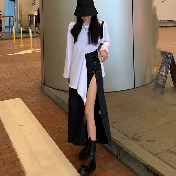 autumn 2020 new irregular open waist long sleeve t-shirt + slit buckle skirt two piece fashion suit for women
autumn 2020 new irregular open waist long sleeve t-shirt + slit buckle skirt two piece fashion suit for women