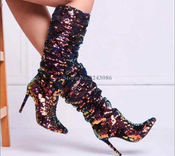 bling bling sequined thin high heel boots shining paillette pleated mid calf boots colorful fashion sparkling nigh club shoes, Black
bling bling sequined thin high heel boots shining paillette pleated mid calf boots colorful fashion sparkling nigh club shoes, Black