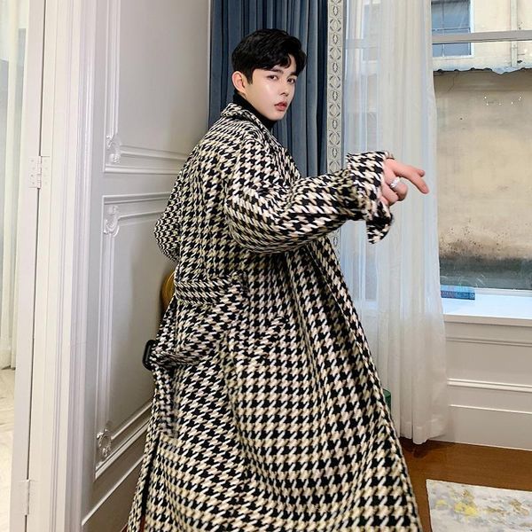 men's houndstooth retro woolen overcoat windbreaker long coat with belt loose thick m311, Black
men's houndstooth retro woolen overcoat windbreaker long coat with belt loose thick m311, Black
