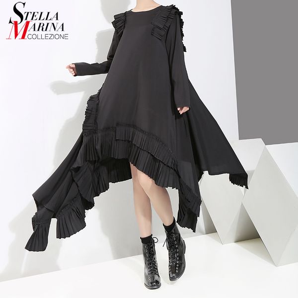 new women solid black long asymmetrical dress plus size ruffles stitched female stylish loose dress casual robe style 3894 201030, Black;gray
new women solid black long asymmetrical dress plus size ruffles stitched female stylish loose dress casual robe style 3894 201030, Black;gray