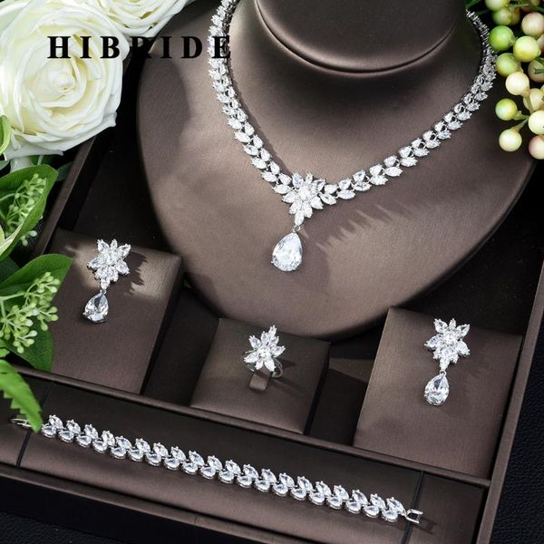 hibride women jewels elegant shape bridal cz necklace earrings bracelet ring 4pcs big wedding jewelry sets for bride n-203, Silver