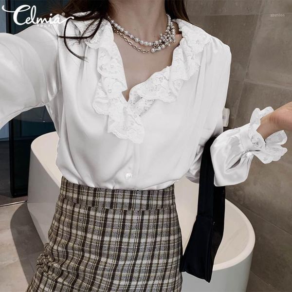 women's blouses & shirts stylish celmia 2021 spring women white lace v-neck ruffles long flare sleeve casual office lady blusas1
women's blouses & shirts stylish celmia 2021 spring women white lace v-neck ruffles long flare sleeve casual office lady blusas1