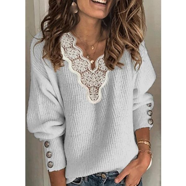 women's sweaters large size loose sweater casual v-neck lace pullover long-sleeved button, White;black
women's sweaters large size loose sweater casual v-neck lace pullover long-sleeved button, White;black