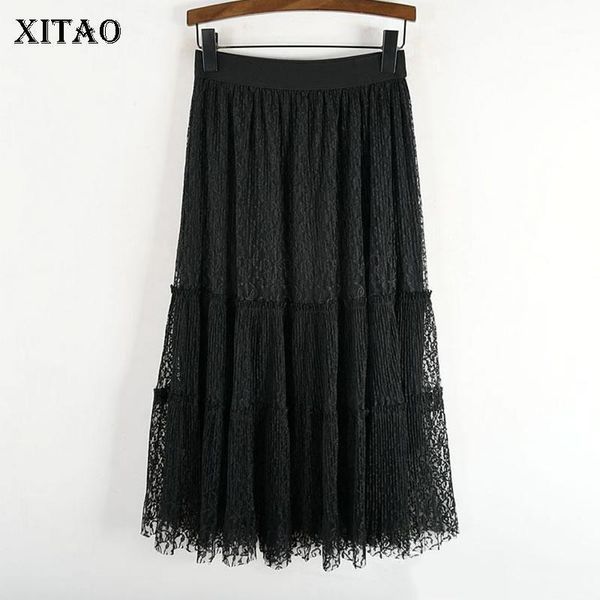 xitao lace pleated skirt fashion new women elastic waist patchwork 2020 spring summer minority casual style loose skirt dmy38201, Black