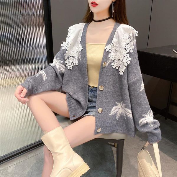design clothes women's knitted loose casual sweater spring and autumn ruffled embroidery lace women's fashion cardigan coats, White;black
design clothes women's knitted loose casual sweater spring and autumn ruffled embroidery lace women's fashion cardigan coats, White;black
