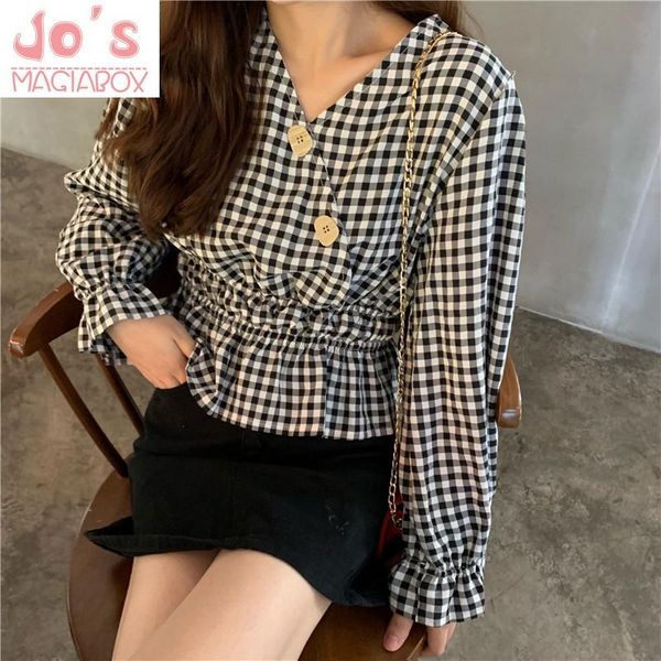 women's blouses & shirts vintage v-neck flare sleeve women chiffon and ladies casual korean button long plaid blusas mujer, White
women's blouses & shirts vintage v-neck flare sleeve women chiffon and ladies casual korean button long plaid blusas mujer, White