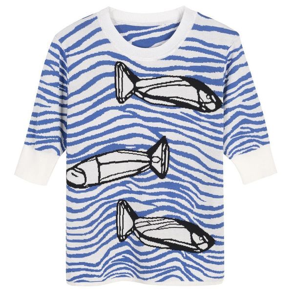 2021 autumn new arrival blue striped fish sweater women half sleeve knitted pullovers o neck slim, White;black
2021 autumn new arrival blue striped fish sweater women half sleeve knitted pullovers o neck slim, White;black
