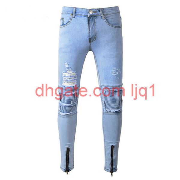 mens new arrival men biker jeans fashion mens knee ripped zipper skinny male pants black blue size 28-38
mens new arrival men biker jeans fashion mens knee ripped zipper skinny male pants black blue size 28-38