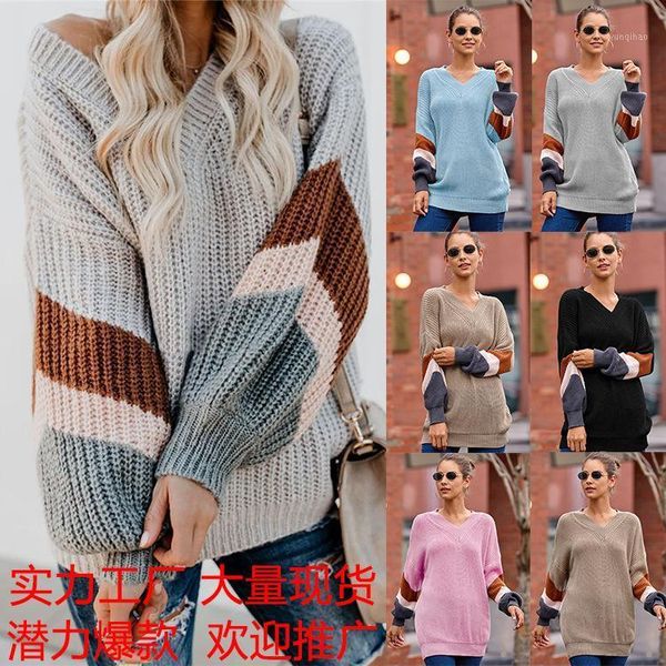 autumn and winter women's v-neck lantern sleeve stripe color matching knitted sweater1, White;black
autumn and winter women's v-neck lantern sleeve stripe color matching knitted sweater1, White;black