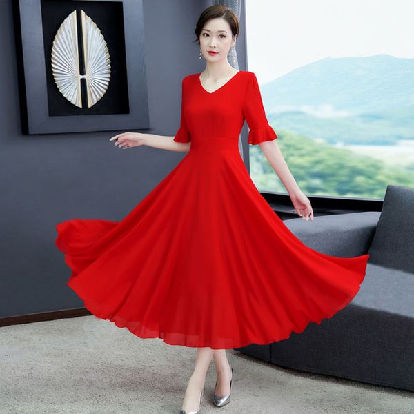 Summer Chiffon Plus Size Big Swing Half Trumpet Sleeve V-neck Ankle-length A-line Simple Black Red Fashion Cocktail Dresses 9145
Summer Chiffon Plus Size Big Swing Half Trumpet Sleeve V-neck Ankle-length A-line Simple Black Red Fashion Cocktail Dresses 9145