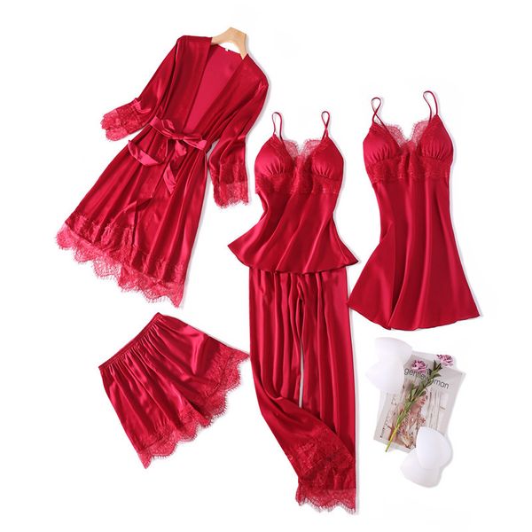 lace patchwork nightgown pajamas suit female sleepwear 5pcs sleep set nightwear kimono bathrobe silky gown home clothes, Black;red
lace patchwork nightgown pajamas suit female sleepwear 5pcs sleep set nightwear kimono bathrobe silky gown home clothes, Black;red