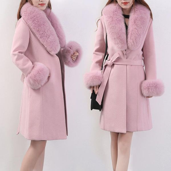 woman autumn winter temperament woolen coat female long section slim belt large fur collar coat detachable fur coll1, Black
woman autumn winter temperament woolen coat female long section slim belt large fur collar coat detachable fur coll1, Black