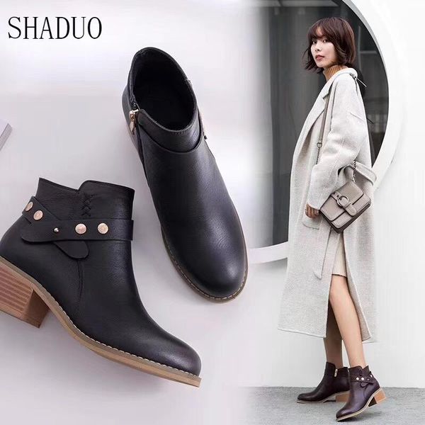 boots 2021 shaduo women genuineleather wedge ankle 5cm, Black