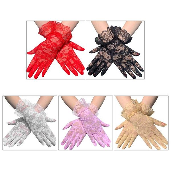 women vintage sunscreen full finger short gloves solid color sheer floral lace jacquard ruffles trim driving mittens, Blue;gray
women vintage sunscreen full finger short gloves solid color sheer floral lace jacquard ruffles trim driving mittens, Blue;gray