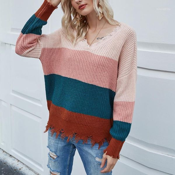 women autumn long sleeve knitted sweater v-neck backless color block striped pullover ripped trim loose jumper1, White;black
women autumn long sleeve knitted sweater v-neck backless color block striped pullover ripped trim loose jumper1, White;black