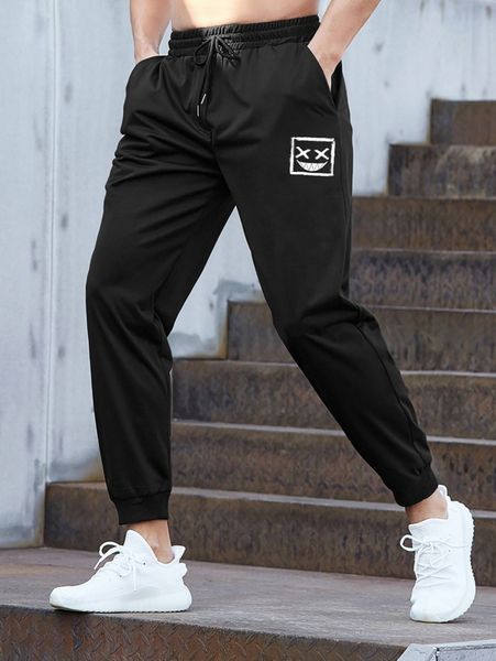 men expression print drawstring waist sweatpants r3hj#, Black