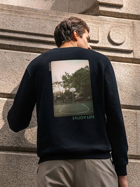men letter & picture print pullover 65zn#, Black