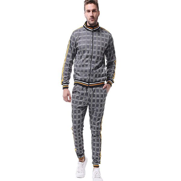 men sweatsuits casual plaid pattern mens tracksuits all season jacket + joggers running outerwear men's outfits sets, Gray
men sweatsuits casual plaid pattern mens tracksuits all season jacket + joggers running outerwear men's outfits sets, Gray