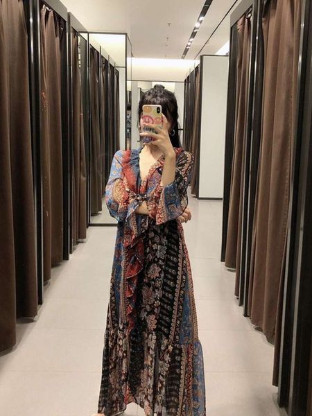 za2020ra same women's autumn new style lotus leaf patchwork printed flared sleeve drs, Black;gray 
za2020ra same women's autumn new style lotus leaf patchwork printed flared sleeve drs, Black;gray