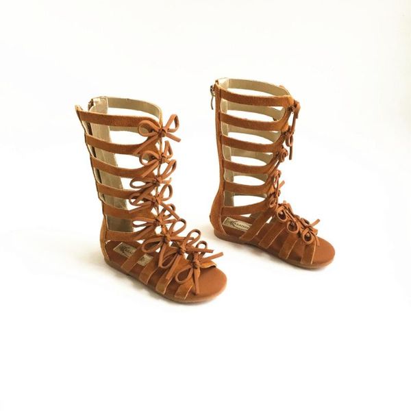 Genuine Leather Girls Gladiator Sandals Suede Leather Bow Children Roman Sandals Summer Kids Beach Shoes