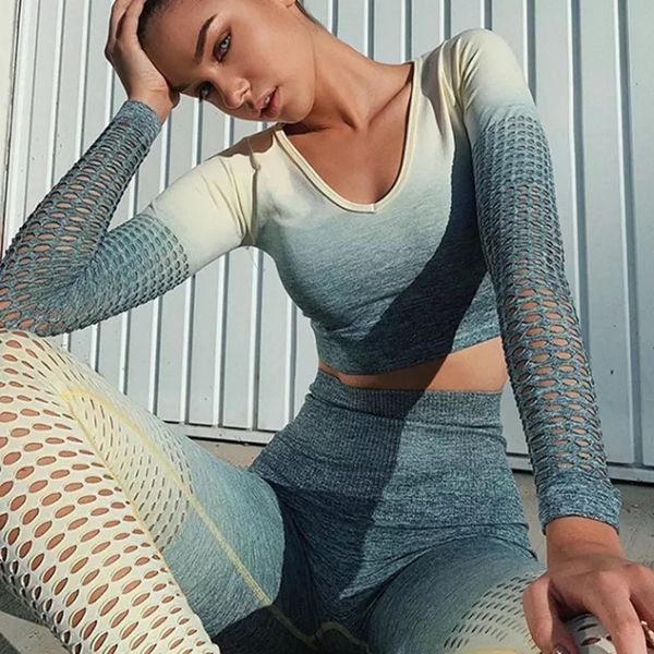 2021 women mesh ombre seamless yoga set fitness sport suits gym yoga long sleeve high waist ombre leggings workout clothing, Gray
2021 women mesh ombre seamless yoga set fitness sport suits gym yoga long sleeve high waist ombre leggings workout clothing, Gray