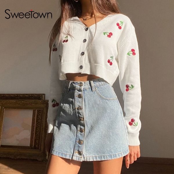 sweetown v neck long sleeve knitted cardigan sweater women autumn streetwear 90s knitwear preppy style cherry sweater blouse y200915, White;black
sweetown v neck long sleeve knitted cardigan sweater women autumn streetwear 90s knitwear preppy style cherry sweater blouse y200915, White;black