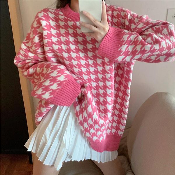 women's sweaters pink gray houndstooth sweater women autumn winter o neck long sleeve loose pullover knitted pull femme, White;black
women's sweaters pink gray houndstooth sweater women autumn winter o neck long sleeve loose pullover knitted pull femme, White;black