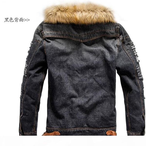 

cool zee 2018 mens denim jacket with fur collar retro ripped fleece jeans jacket and coat for autumn winter s-xxxxl s18101802, Black;brown