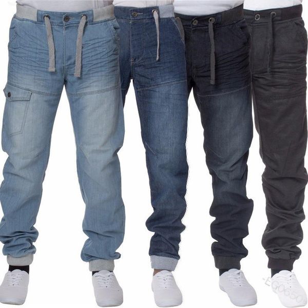 men's jeans plus size mens drawstring mid waist srping autumn fashion loose and casual small feet tether pocket, Blue 
men's jeans plus size mens drawstring mid waist srping autumn fashion loose and casual small feet tether pocket, Blue