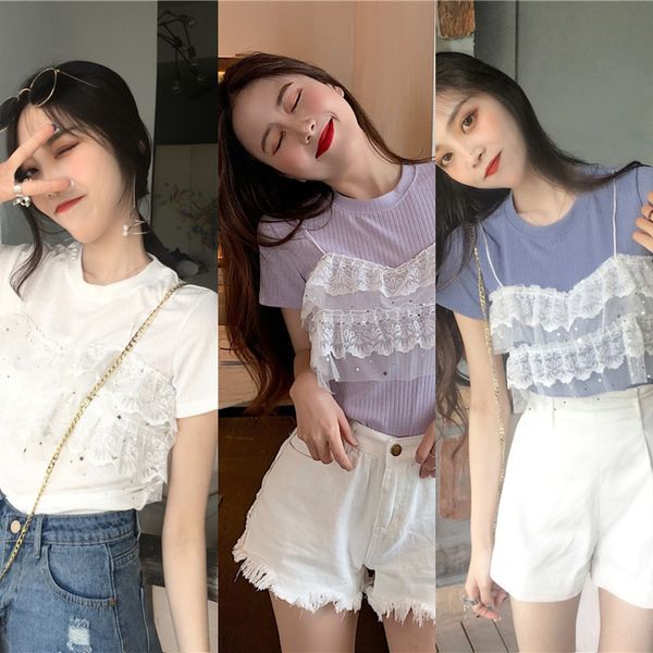 c5546 korean chic lace stitching fake two piece candy round neck short sleeve knitted lace candy t-shirt candyt-shirt ztaa4, White
c5546 korean chic lace stitching fake two piece candy round neck short sleeve knitted lace candy t-shirt candyt-shirt ztaa4, White