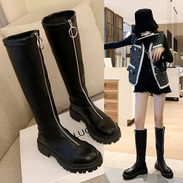 2020 fall/winter thick-soled high boots knee boots flat women's with front zipper decoration female, Black
2020 fall/winter thick-soled high boots knee boots flat women's with front zipper decoration female, Black