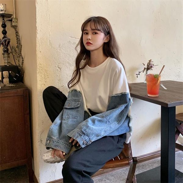 womens sweatshirts korean chic ulzzang denim stitching round neck vintage sweatshirt female kawaii cute svitsfor women, Black
womens sweatshirts korean chic ulzzang denim stitching round neck vintage sweatshirt female kawaii cute svitsfor women, Black