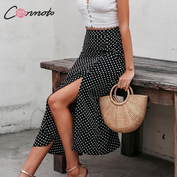 conmoto women summer polka dot black long skirts female high waist slit asymmetric a line skirts lady casual beach holiday skirt y200326
conmoto women summer polka dot black long skirts female high waist slit asymmetric a line skirts lady casual beach holiday skirt y200326