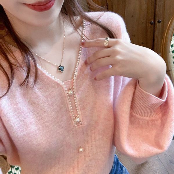 2021 new spring with neckline v pearl mesh button loose long fine pink elegant woman's sweater y512 vfyb, White;black 
2021 new spring with neckline v pearl mesh button loose long fine pink elegant woman's sweater y512 vfyb, White;black
