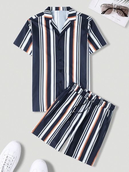 men block striped shirt & drawstring waist shorts j8nu#, Gray 
men block striped shirt & drawstring waist shorts j8nu#, Gray