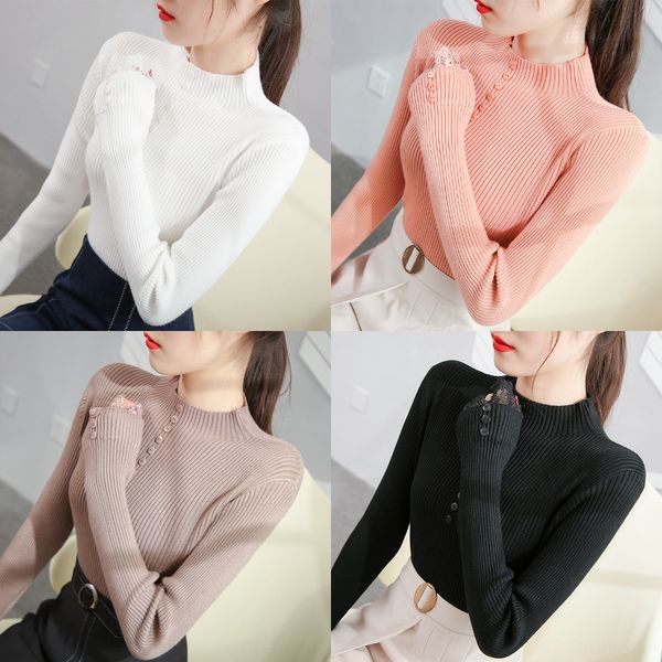 half high neck sweater women's slim fit autumn winter button elastic lace sleeve women's foreign style tight knit button sweaterla, White;black
half high neck sweater women's slim fit autumn winter button elastic lace sleeve women's foreign style tight knit button sweaterla, White;black