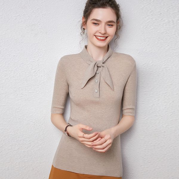 2021 new super comfy female thin 100% cashmere bow collar tshirt worsted short sleeve sweater mkpd, White;black
2021 new super comfy female thin 100% cashmere bow collar tshirt worsted short sleeve sweater mkpd, White;black