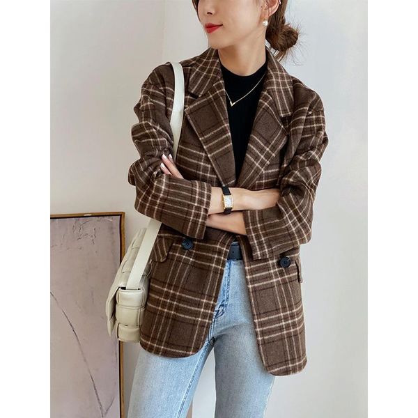 and winter new japanese loose handmade double faced woolen overcoat women's medium and long coat wool small plaid suit, Black
and winter new japanese loose handmade double faced woolen overcoat women's medium and long coat wool small plaid suit, Black