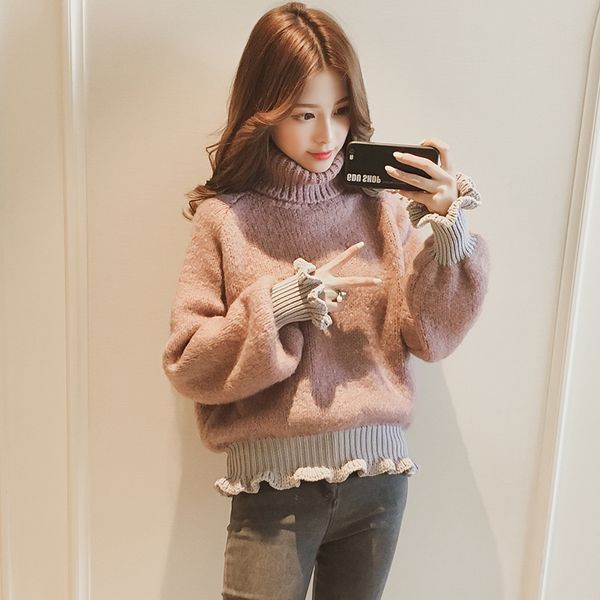 autumn winter new high collar knitted bottom small shirt with wooden ear edge and long sleeve female students wear short wool
autumn winter new high collar knitted bottom small shirt with wooden ear edge and long sleeve female students wear short wool